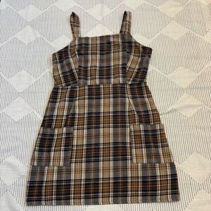 American Eagle Brown, Cream & Grey Plaid Jumper Mini Dress